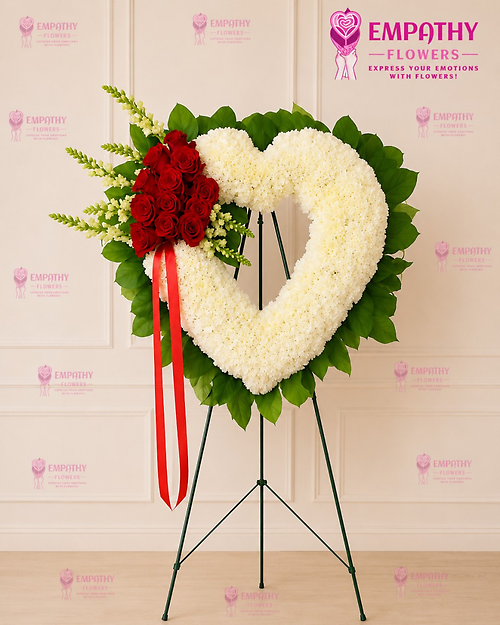 White Open Heart Standing Spray with Red Roses