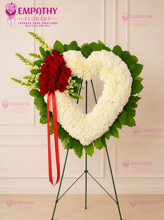 White Open Heart Standing Spray with Red Roses