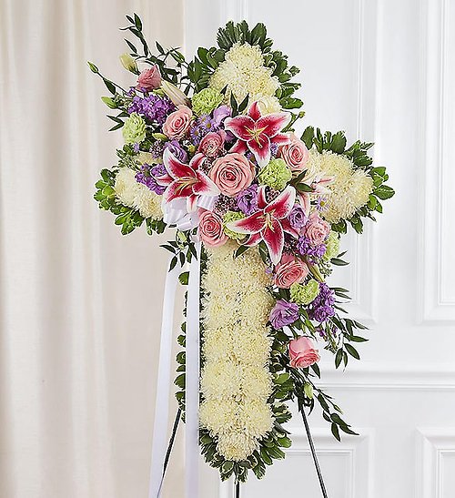 Peace &amp; Prayers&trade; Standing Cross- Pastel with lilies
