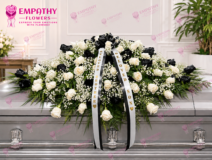 Elegant Black & White Rose Casket Spray