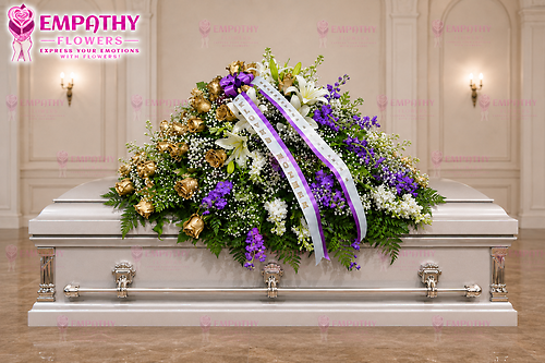 Royal Remembrance™ Purple, Gold & White Casket Flowers
