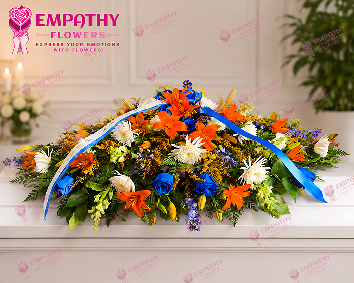 Vibrant Blue & Orange Casket Spray