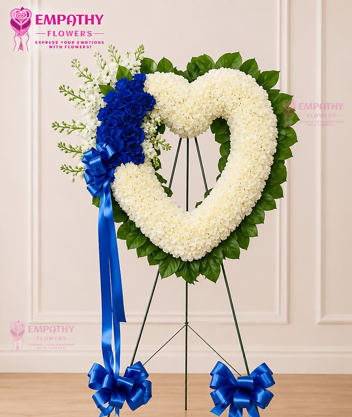 Blue & White Heart Standing Spray with Blue Roses