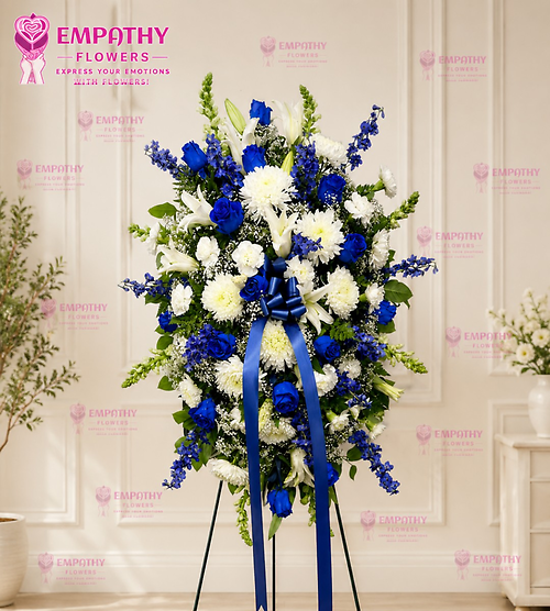 Blue Roses & White Mix Flowers Standing Spray
