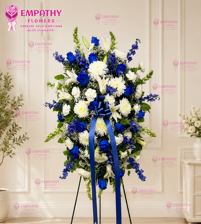 Blue Roses & White Mix Flowers Standing Spray
