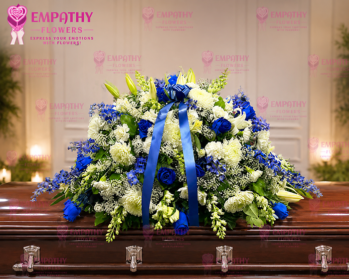 Blue Roses & White Mix Flowers Casket Spray