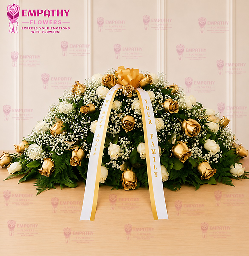 Golden Rose Casket Spray with White & Gold Roses