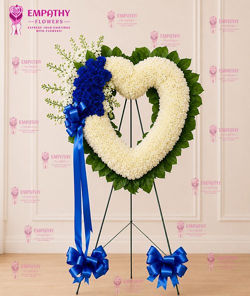 Blue & White Heart Standing Spray with Blue Roses