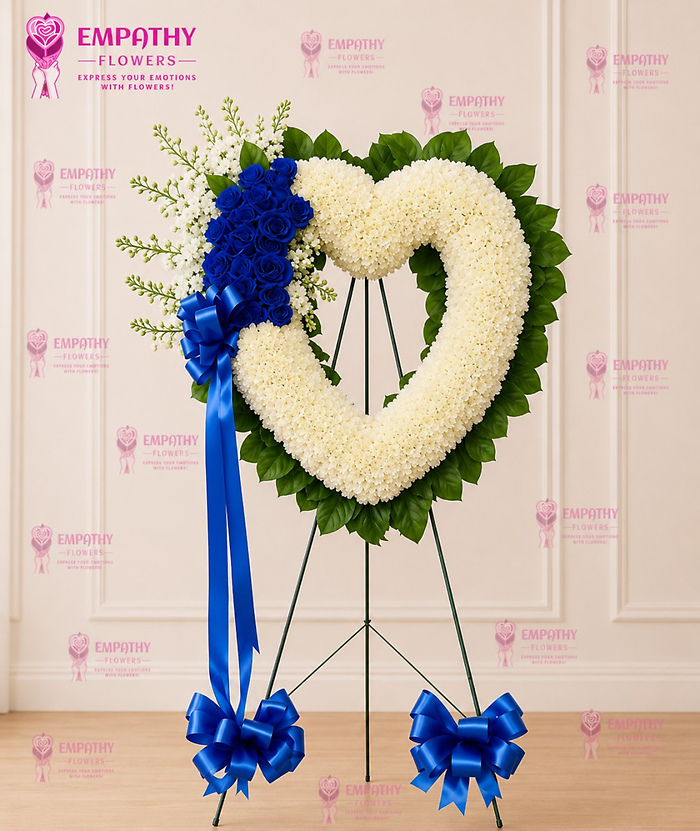 Blue & White Heart Standing Spray with Blue Roses