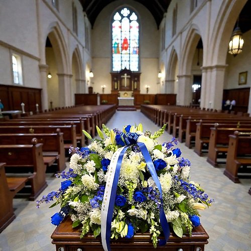 Blue Roses & White Mix Flowers Casket Spray