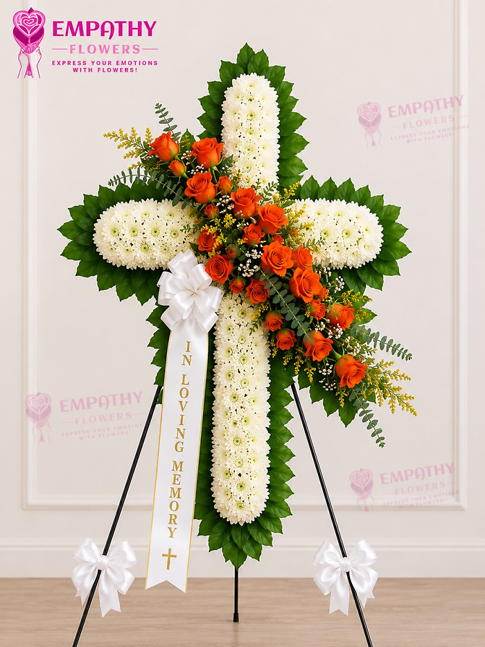 Faithful Remembrance Orange Rose Cross Standing Spray