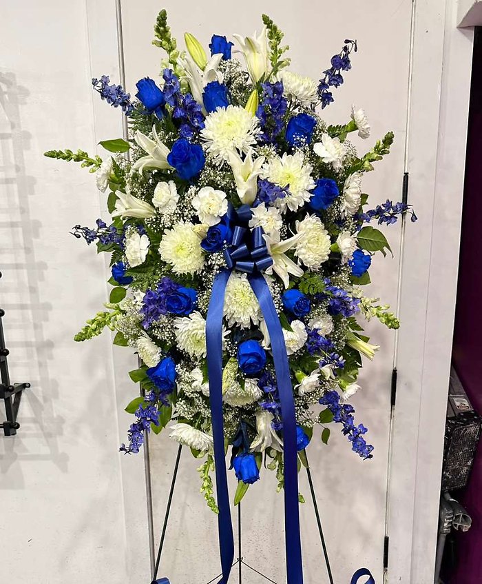 Blue Roses and white flowers Standing Spray