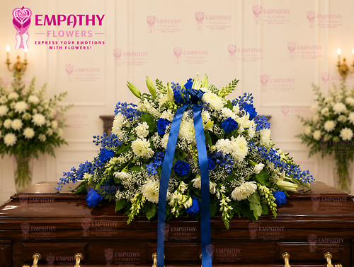 Blue Roses & White Mix Flowers Casket Spray