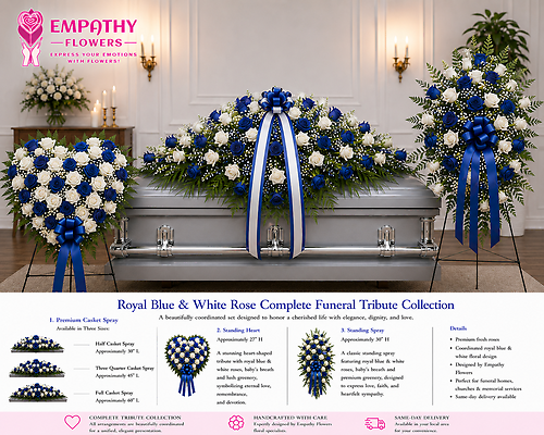 Royal Blue & White Rose Complete Funeral Tribute Collection