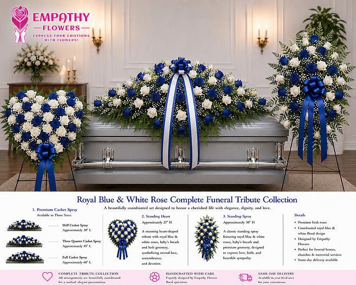 Royal Blue & White Rose Complete Funeral Tribute Collection