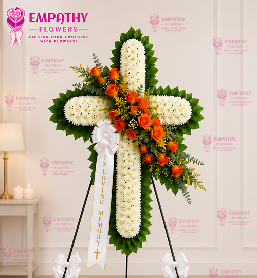 Faithful Remembrance Orange Rose Cross Standing Spray