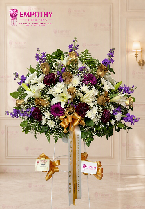 Royal Remembrance™ Purple, Gold & White Funeral Standing Basket