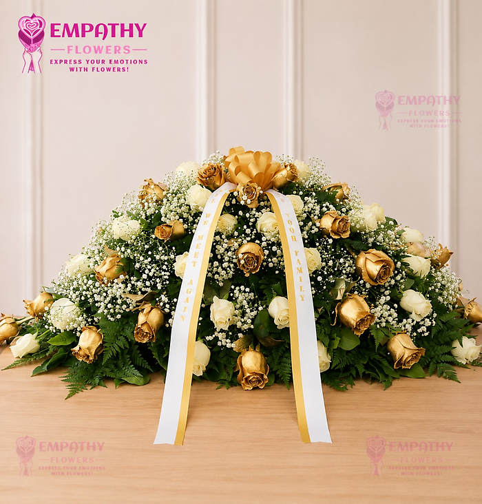 Golden Rose Casket Spray with White & Gold Roses | Empath