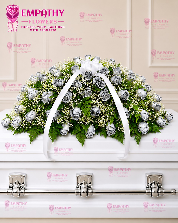 Silver Rose Casket Spray - Elegant Silver Funeral Tribute