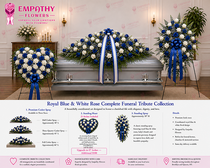 Royal Blue & White Rose Complete Funeral Tribute Collection