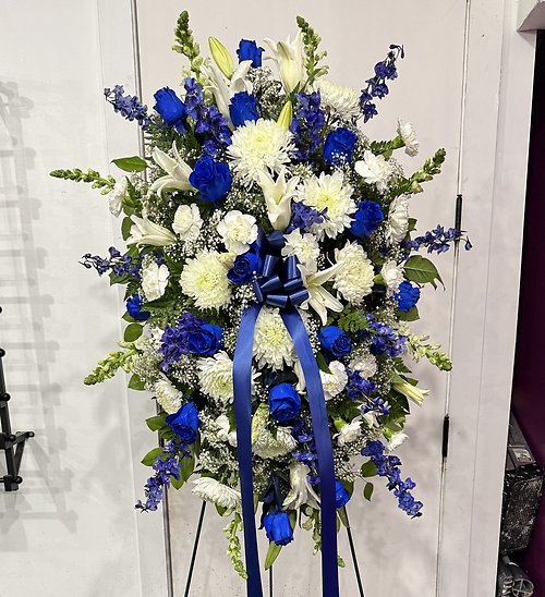 Blue Roses & White Mix Flowers Standing Spray